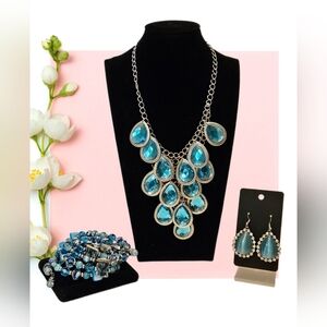 Blue Topaz Color Teardrop Statement Necklace Set Silver Tone